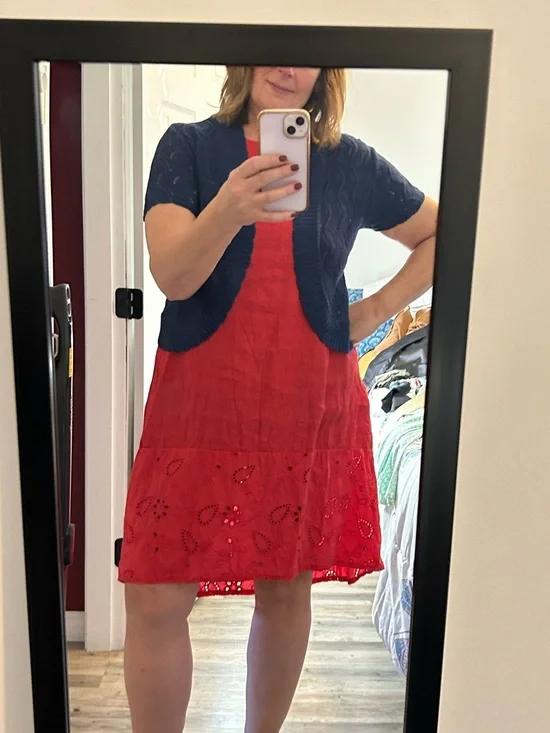 Red Eyelet Sundress with Navy Knit Bolero - Picture 2 of 6